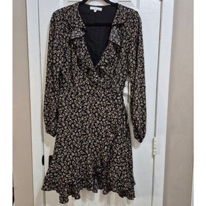 Women's June & Hudson Black Beige Floral Long Sleeve Dress Juniors 1